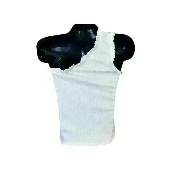 Women's One Shoulder‎ Tank Top Ruffle Ribbed White Size Large L Stretch By Entro - Picture 4 of 7